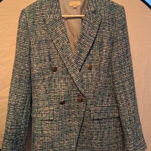 Loft sz 12 blue and green tweed double breasted blazer